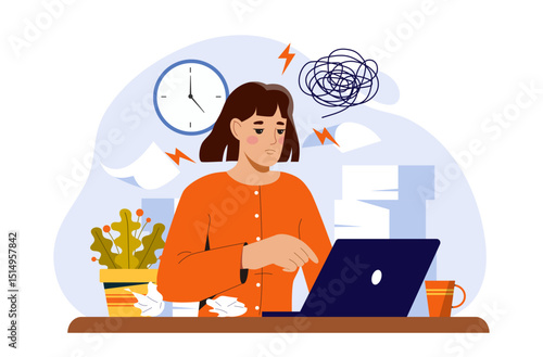 Woman looking tired while working on laptop at desk, surrounded by paper, clock and stress icons, flat style on white background. Concept of burnout. Vector illustration