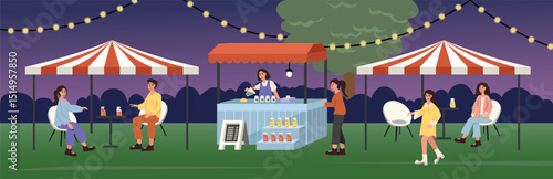 Street food illustration. Night market. Drink stall. People buy drink. People talking. People in the city park. Evening fair with food stalls and people.