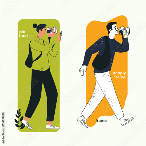 The Art of Observation: Two individuals are captured in a whimsical illustration, each with a camera in hand, engaging in the act of observation and photography in a clean and inviting aesthetic.