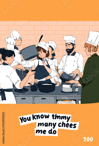 Culinary Symphony: A vibrant illustration capturing the dynamic interplay of chefs in a professional kitchen, each passionately contributing to the art of gastronomy.