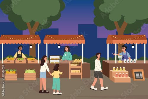 People in the street food market. Night market. Night food festive. Bakery stall. Fruit stall. Drinking stall. 
