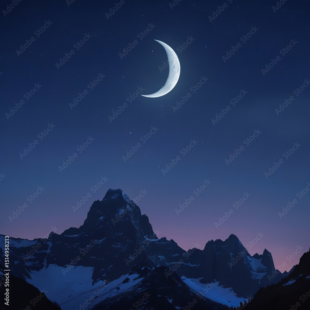 Fototapeta premium Night sky over majestic mouintains, crescent moon and stars