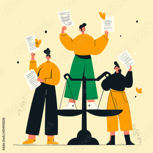 Balanced Justice: Three diverse figures stand on scales of justice, each holding documents, symbolizing equal rights and fairness.