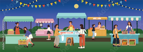 Traditional market illustration. Night market. Food festival. People in the night market. Nighttime Farmers Market Scene. Night festival. Bakery stand. Fruit stand. Fish stall. 