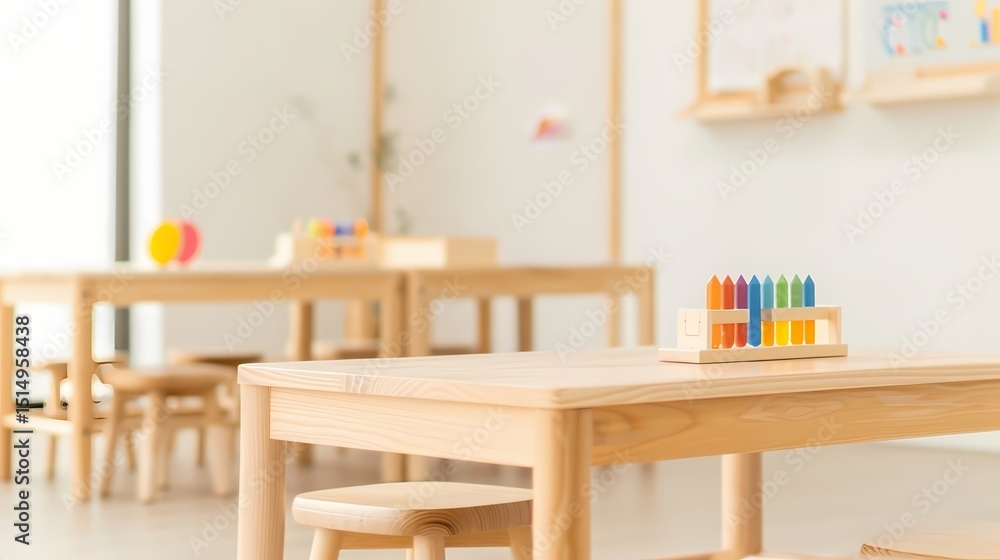 Fototapeta premium Bright and airy classroom with small wooden tables and chairs, crayons, and educational toys. Concept of early childhood education, learning, and play.