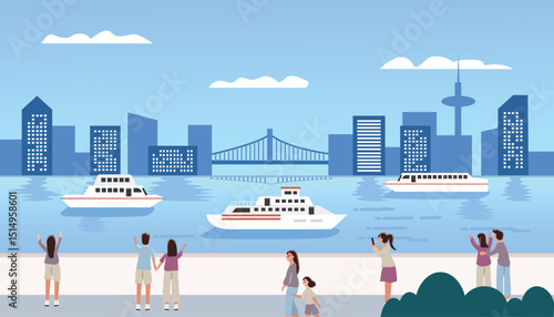 Holiday time. People holiday. Harbor bridge. Summer festive. Cityscape. City view across the lake. Cruise.