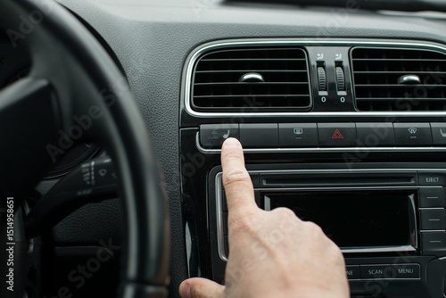 The driver's index finger presses the seat heating button on the car panel