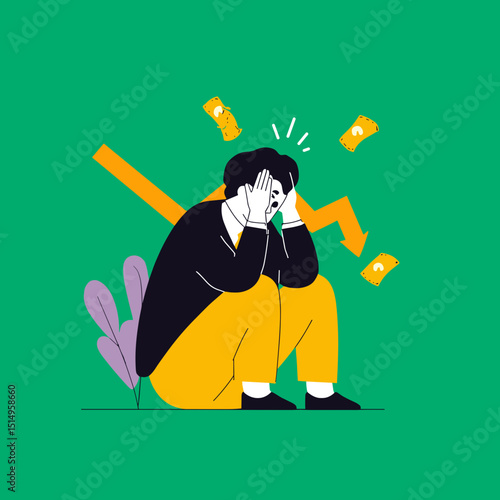 Financial Anxiety: A stylized illustration depicting a person experiencing financial stress, symbolized by falling money and a downward-trending graph.
