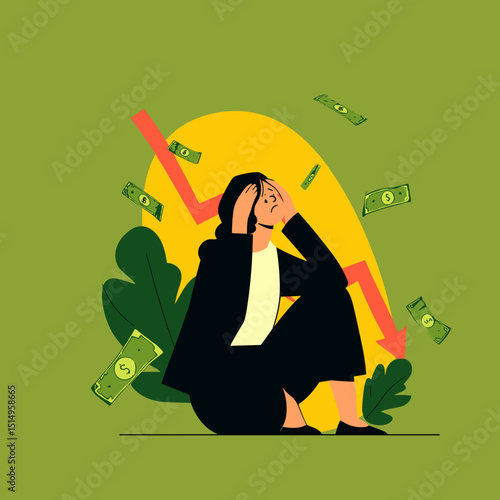 Financial Crisis: A visual representation of economic struggles, a woman in distress is surrounded by falling currency, symbolizing the impact of financial downturns.