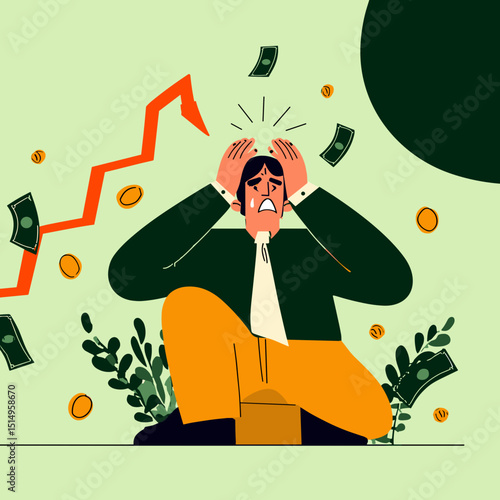 Financial Distress: Illustration of a man experiencing financial hardship, surrounded by falling money and a declining graph, embodying economic downturn.
