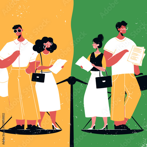 Fair Balance in the Modern World: A balanced illustration depicting equality, featuring two distinct groups, each holding paperwork and poised upon the scales.