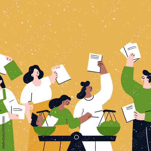 Vote Balance: An illustration depicting diverse individuals casting ballots and balancing scales in a symbolic representation of democracy and equal opportunity. 