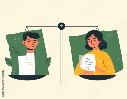 Equality in Action: Illustration of a scale balancing a man and woman, each holding documents, symbolizing the pursuit of fairness and parity in a contemporary context.