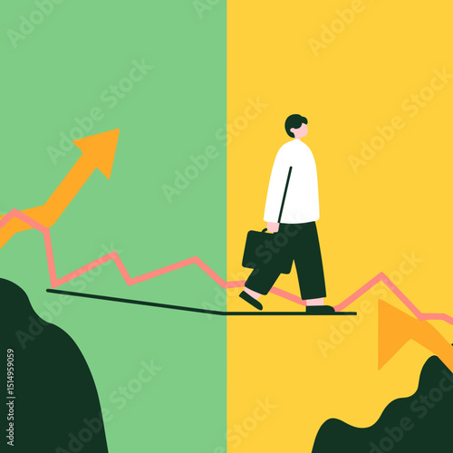 Navigating Economic Tides: A determined individual strides confidently across a precarious balance beam, a metaphor for economic uncertainty, with upward and downward graphs juxtaposed.