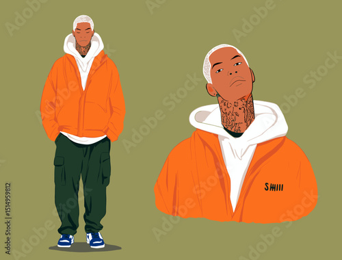Modern Urban Style: A stylish man with light skin, tattoos, wearing an orange jacket, cargo pants and white hoodie in a contemporary illustration, embodying urban cool.