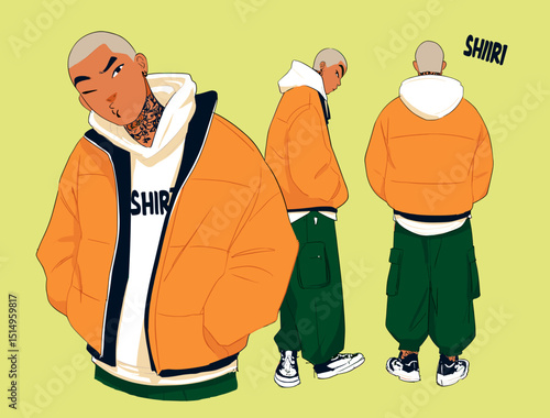 Urban Fashion Illustration: A stylish illustration of a man showcasing urban street style, featuring vibrant colors and a dynamic composition.