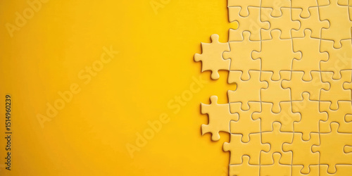 Incomplete jigsaw puzzle aligned on the right side with missing pieces against a yellow background. Concept: unfinished, challenge, creativity