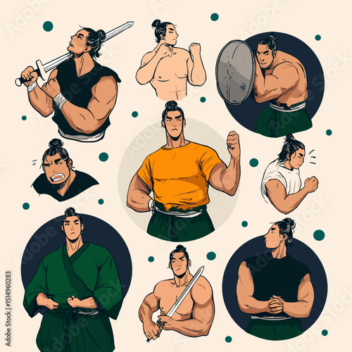 Martial Arts Warrior: A collection of illustrations depicting a formidable martial arts warrior, showcasing his prowess with a variety of weapons and defensive strategies.