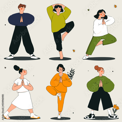 Harmony of Yoga Poses: A diverse group of individuals, each immersed in serene yoga poses, radiates tranquility and mindfulness through stylized illustration.