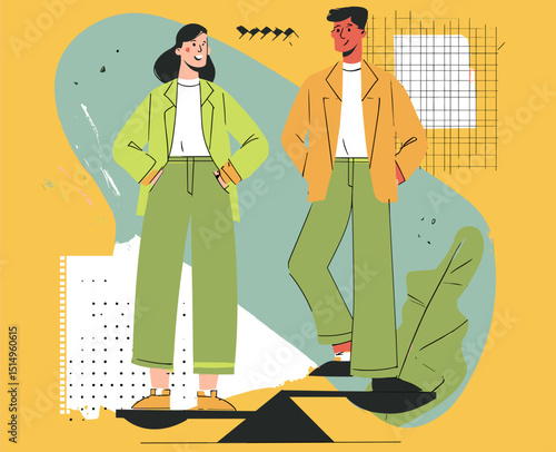 Gender Balance Illustrated: A stylized illustration of a man and woman standing on a balanced scale, representing gender equality and harmony in a professional setting.