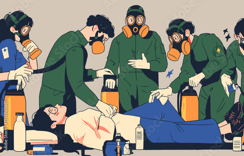 Emergency Response Team:  A stylized illustration depicting a team of emergency responders in protective gear attending to a patient, highlighting urgency and teamwork in a crisis.