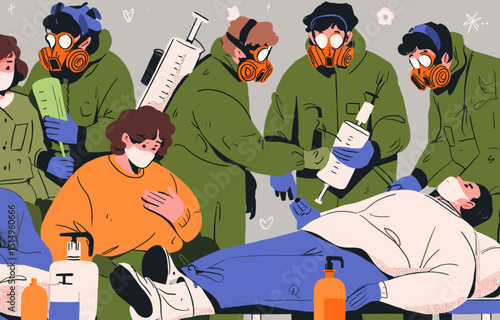 Crisis Intervention: A stylized depiction of a medical team in hazmat suits attending to patients, symbolizing crisis response and public health efforts.