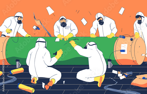 Hazardous material handling: A group of hazmat suit-clad figures meticulously inspects and manages a green barrel. The setting is likely a containment facility.