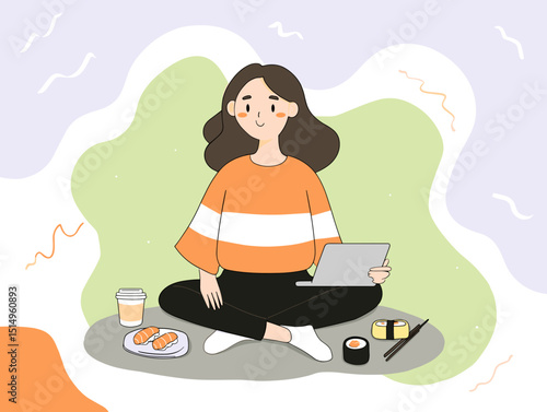 Modern Freelancer's Serenity: A young woman embraces the digital nomad lifestyle, enjoying her work in a tranquil park, with her laptop and a delectable array of sushi.