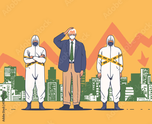 Crisis in the City: A poignant depiction of the current global situation, with figures in protective suits and masks standing against the backdrop of a city.
