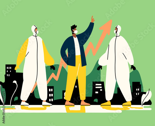 Resilience Amidst Challenges: A masked individual gestures confidently, flanked by figures in protective suits, as a rising trend graph charts progress over a cityscape.