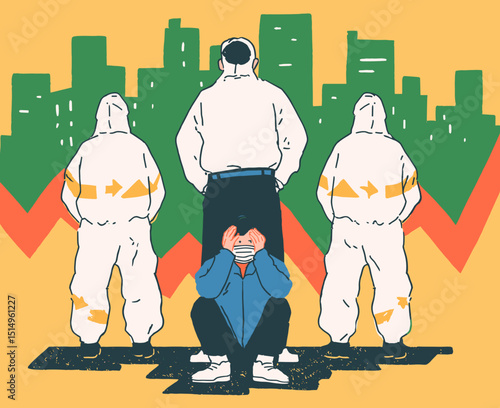 Economic downturn and anxiety: Illustration depicting the anxieties and uncertainties surrounding economic downturns.