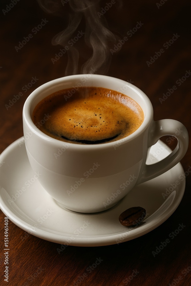 Steaming Espresso with Coffee Bean- A steaming cup of rich espresso coffee with crema, placed on a white saucer with a single coffee bean beside it, on a dark wooden table. Steaming Espresso with Coffee Bean- A steaming cup of rich espresso coffee with crema, placed on a white saucer with a single coffee bean beside it, on a dark wooden table.