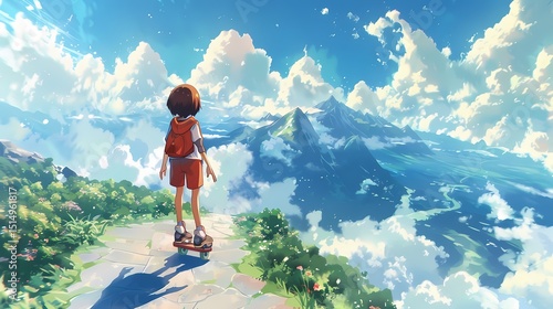 Anime style illustration of a child on a skateboard overlooking a breathtaking mountain vista.  A scene of adventure, freedom, and childhood wonder.