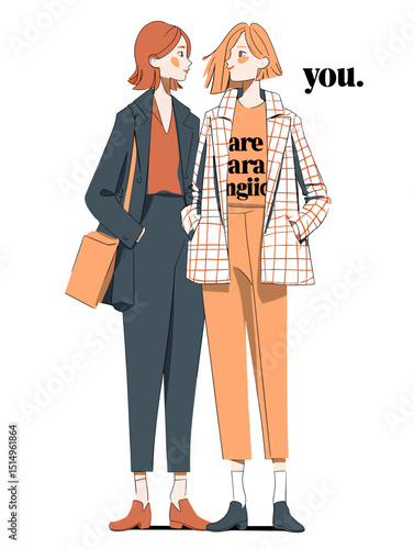 Stylish Companionship: Two fashion-forward figures, a vibrant illustration of modern elegance and shared moments, radiate a sense of effortless chic and a connection.