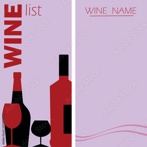 Wine list, flat design poster, bottle and glass, wine festival. Alcohol, chardonnay, cabernet, red wine, white wine, merlot