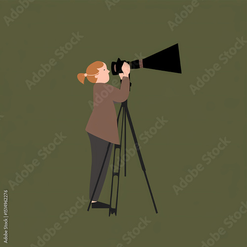 Focused Discovery: An observer uses a spotting scope, peering intently through its lens, accompanied by its tripod, against a backdrop of natural tones.