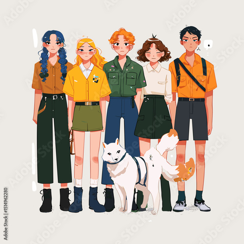 Illustration of Group of Adventurers and Their Loyal Companion: A group of youthful adventurers and their faithful companion, a canine, stand together. Vibrant outfits and a spirit of exploration. 