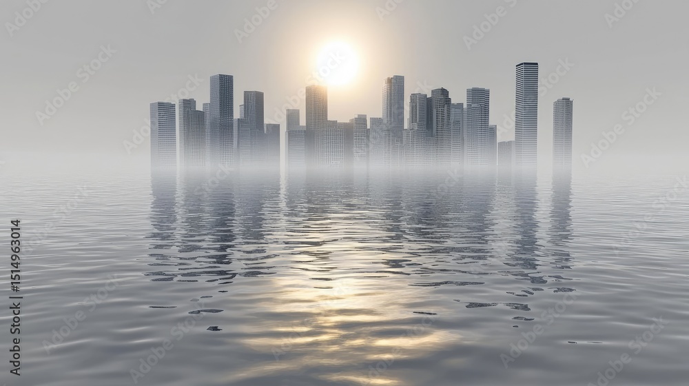 Fototapeta premium City skyline reflected in a misty ocean.