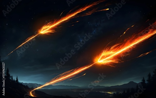 Fiery Twin Meteors Blazing Through the Night Sky – Glowing Comets with Intense Orange Flames and Bright Trails Against a Starry Black Space Background Depicting Celestial Motion and Cosmic Impact Ener
