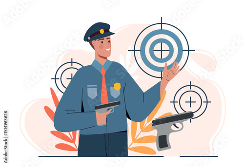 Smiling police officer holding a handgun with shooting targets in the background, flat cartoon style, on a light abstract backdrop, concept of law enforcement training. Vector illustration