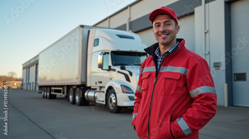 A truck driver in a red reflective jacket standing in front of a semi-truck parked outside a warehouse on a clear, sunny afternoon. The pavement is dry, and the setting feels crisp and professional