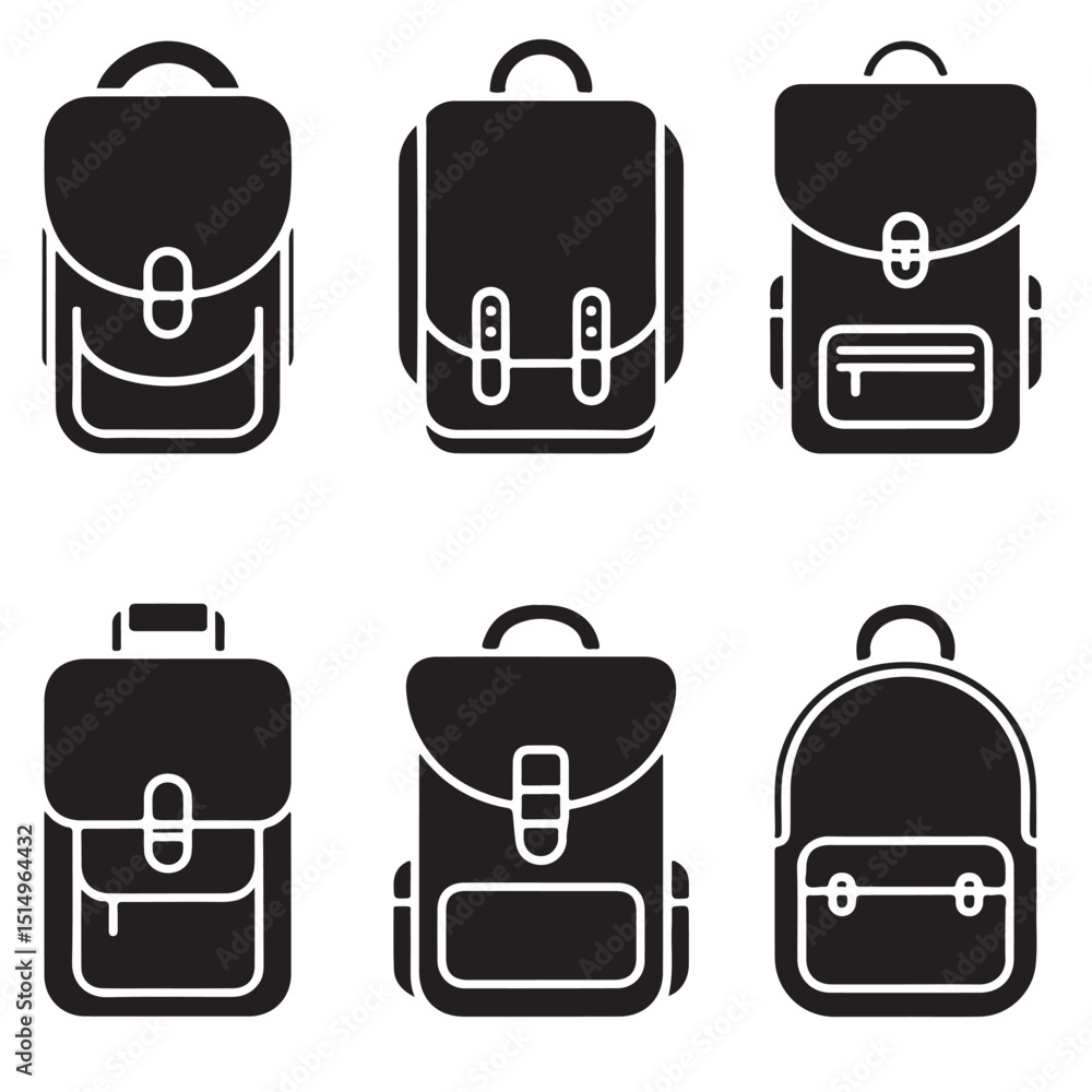Outline Backpack and school Bag Illustrations, Different Styles of Backpacks Icon Set, 