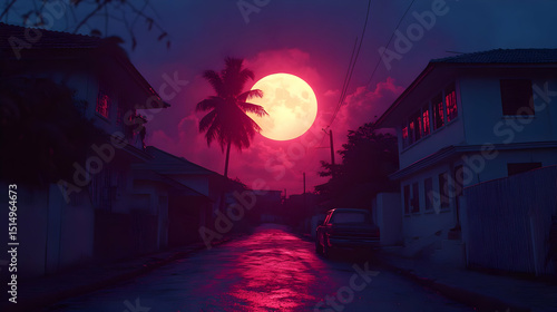 Pink Moon Night Street Illustration
