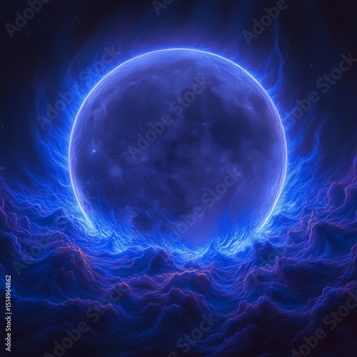Mystical Blue Moon in Cosmic Flames