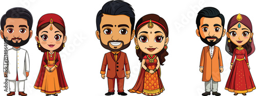 indian groom and bride cartoon character set vector illustration
