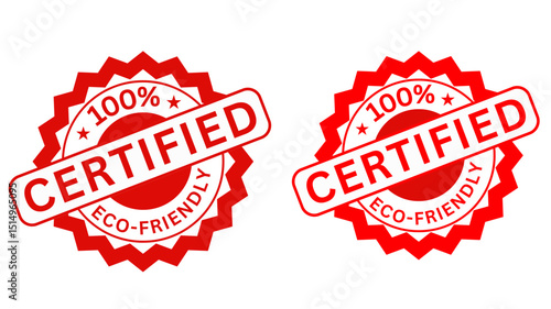 Two red, starburst-shaped stamps side-by-side. Text on the stamps read "100% Certified Eco-Friendly", indicating the item is environmentally friendly.
