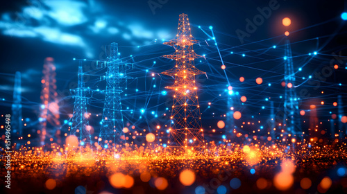 3D Network Grid Power Towers Illustration