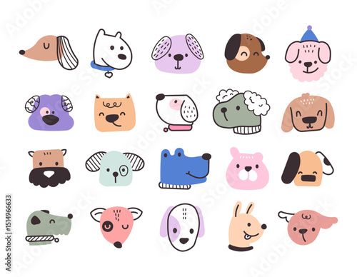 Dog face scandinavian style character set featuring cartoon animal heads drawn in hand drawn style for pet themed illustrations and funny creative project ideas