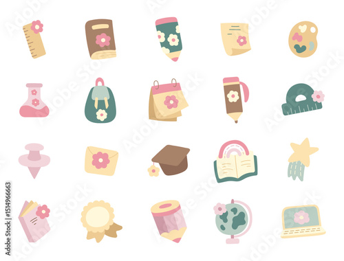 School inspired hand drawn scandinavian style stationery and educational tool set designed for learning, classroom writing, graduation, reading and creative knowledge projects