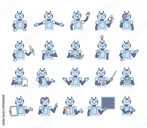 Robot guide character set with hands, books, signs, boards, devices, emotions, communication, presentation, teaching, reading, message, symbols, approval, music, and expressive android poses